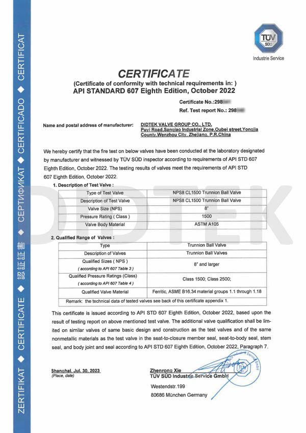 API Standard 607 Eighth Edition Certificate Of NPS8 CL1500 A105 Trunnion Ball Valve